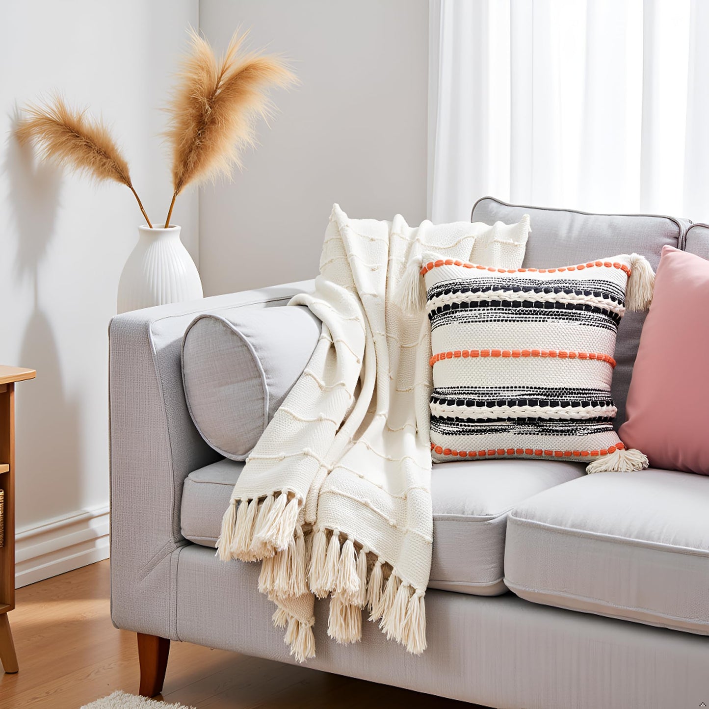 Pure Cotton Beige Sofa Throw & Cushion Cover