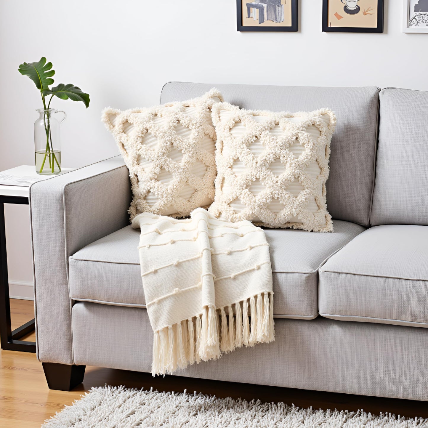 Pure Cotton Beige Throw & 2 Cushion Covers