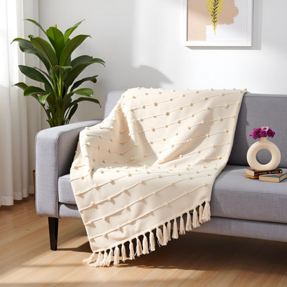 Hand-Knitted All Season Throw Blanket – Cotton Blend | Beige | 80x52 Inches