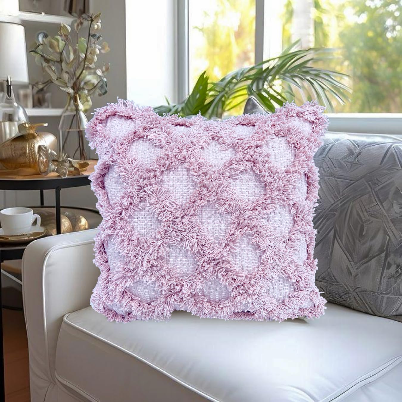 Pure Cotton Beige & Pink Throw & Cushion Cover
