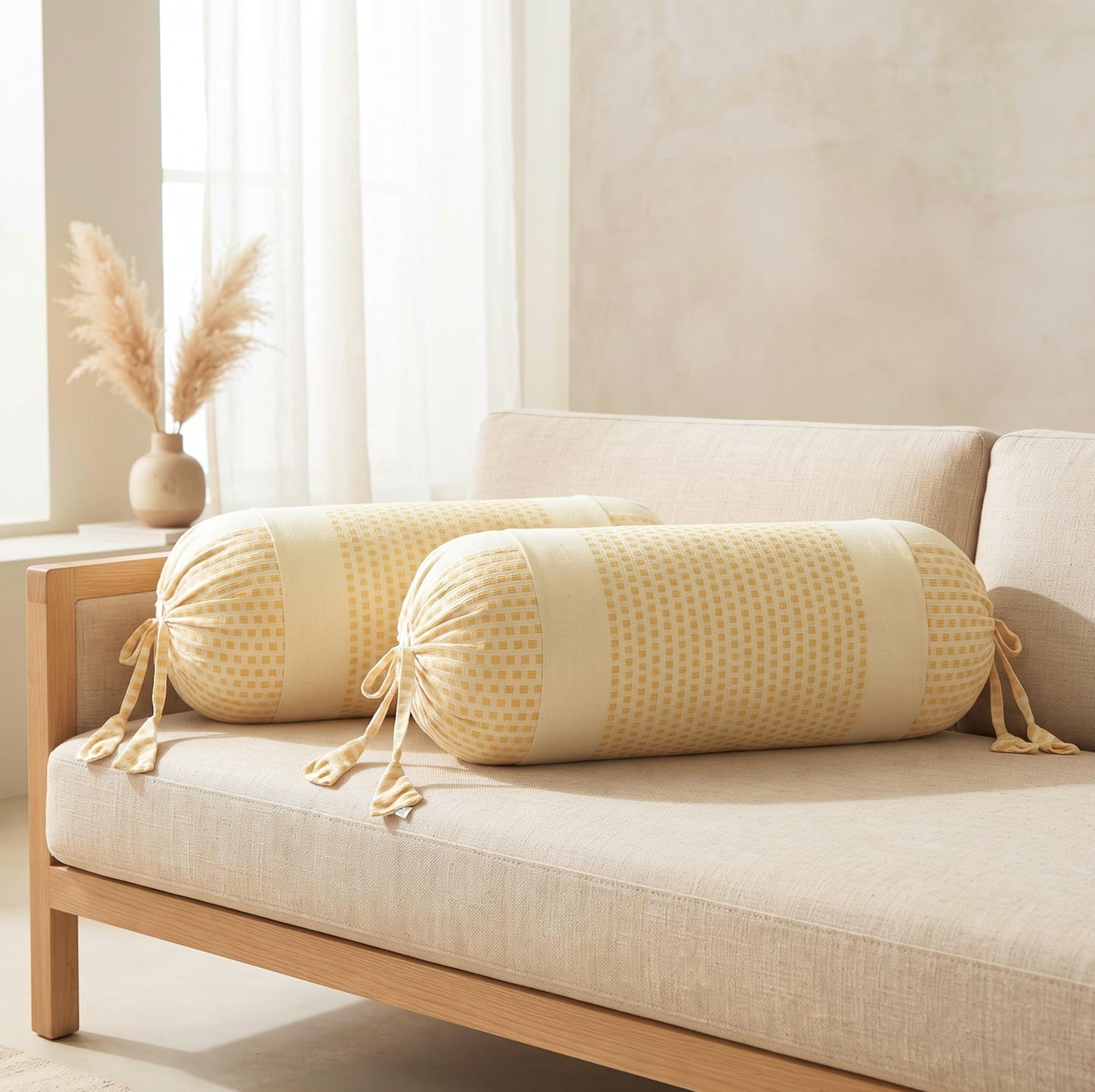 Pure Cotton Stripe Bolster Cover | Beige with Mustard Check Design | Pack of 2