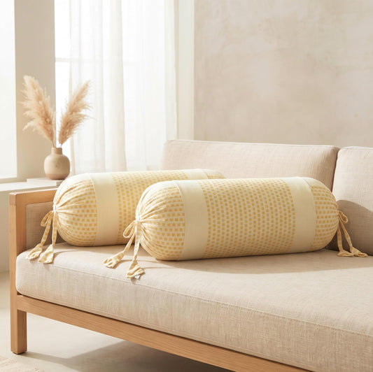 Pure Cotton Stripe Bolster Cover | Beige with Mustard Check Design | Pack of 2