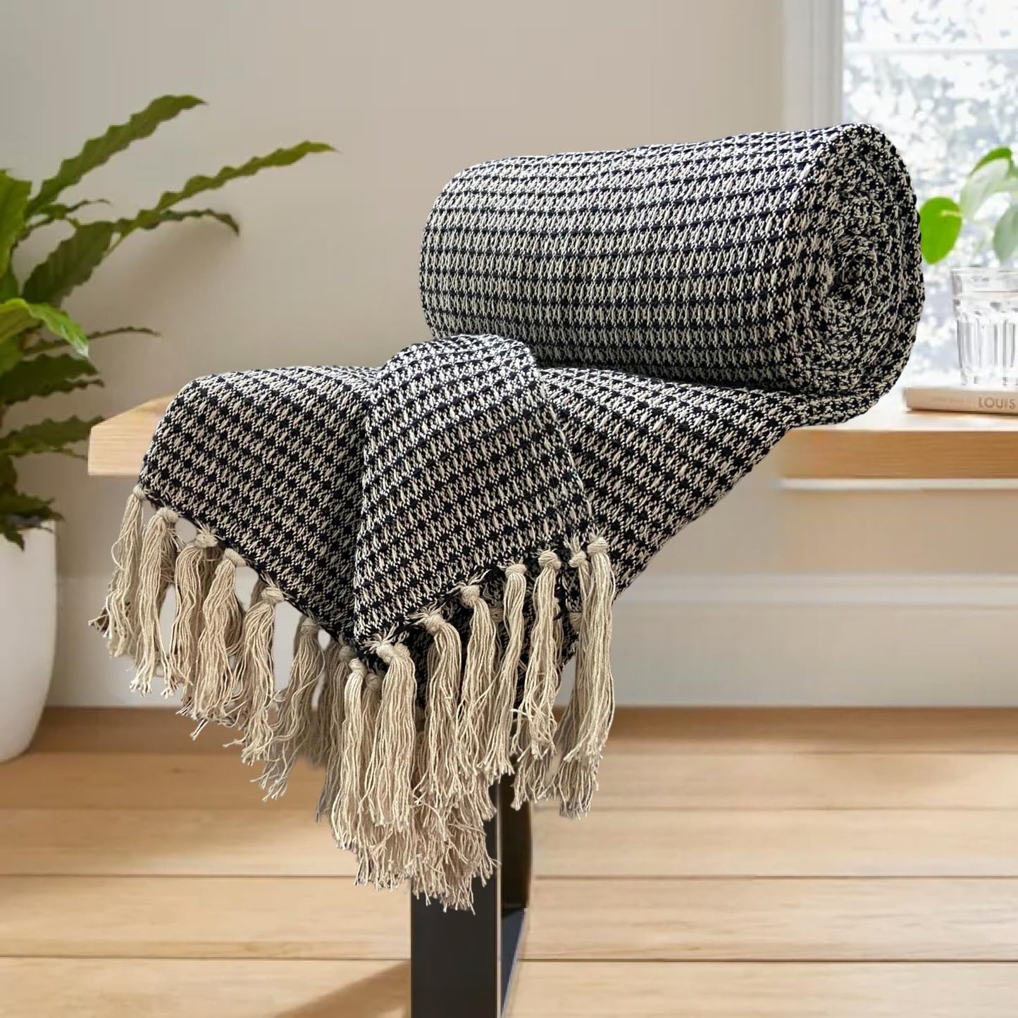 SAJAVAT HOME Hand-Knitted All Season Throw Blanket – Cotton Blend | Black & Beige | 80x52 Inches