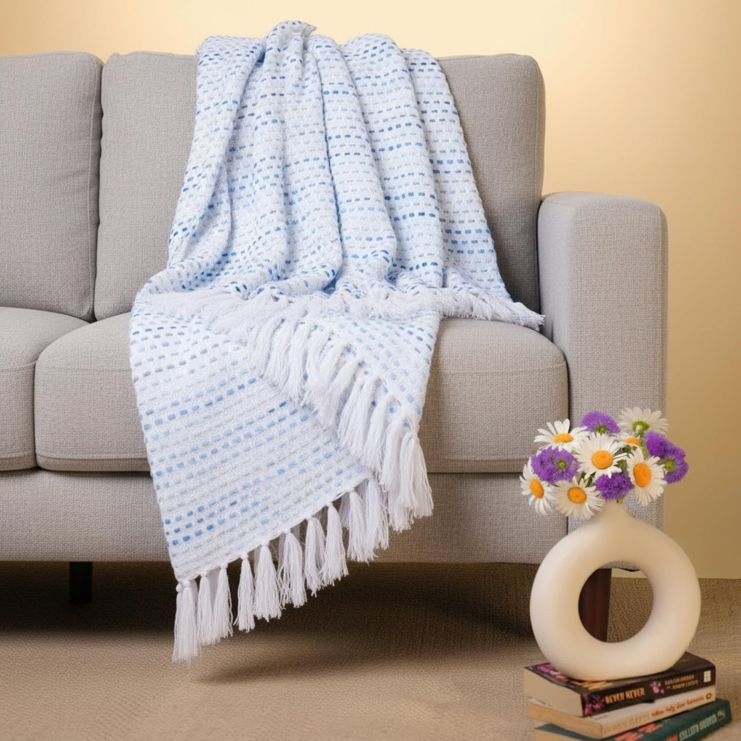 Hand-Knitted All Season Throw Blanket – Cotton Blend | Blue Multi | 80x52 Inches