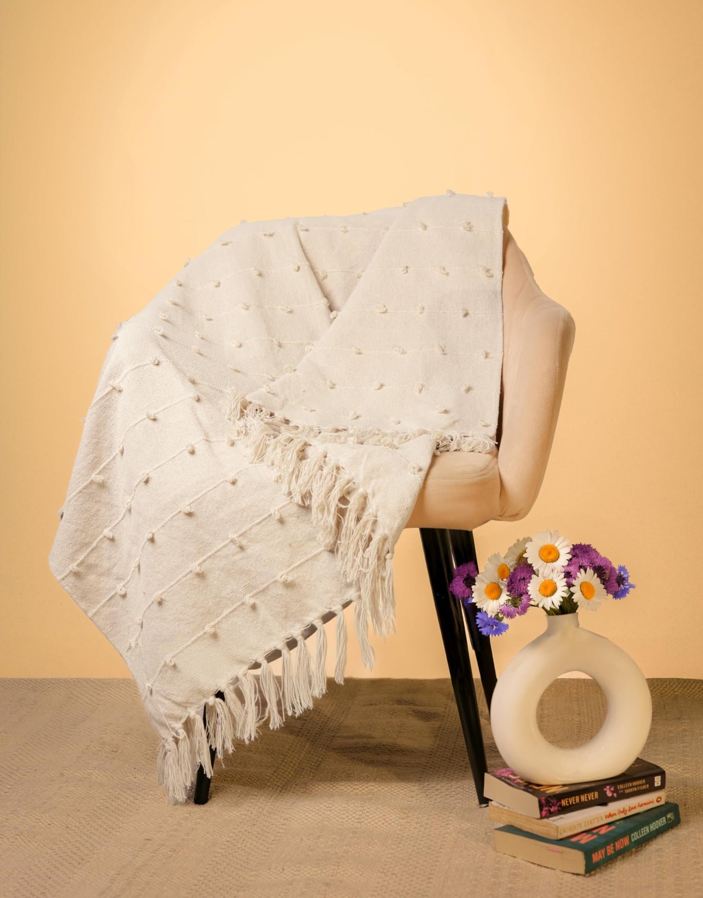 Pure Cotton Beige Throw & 2 Cushion Covers