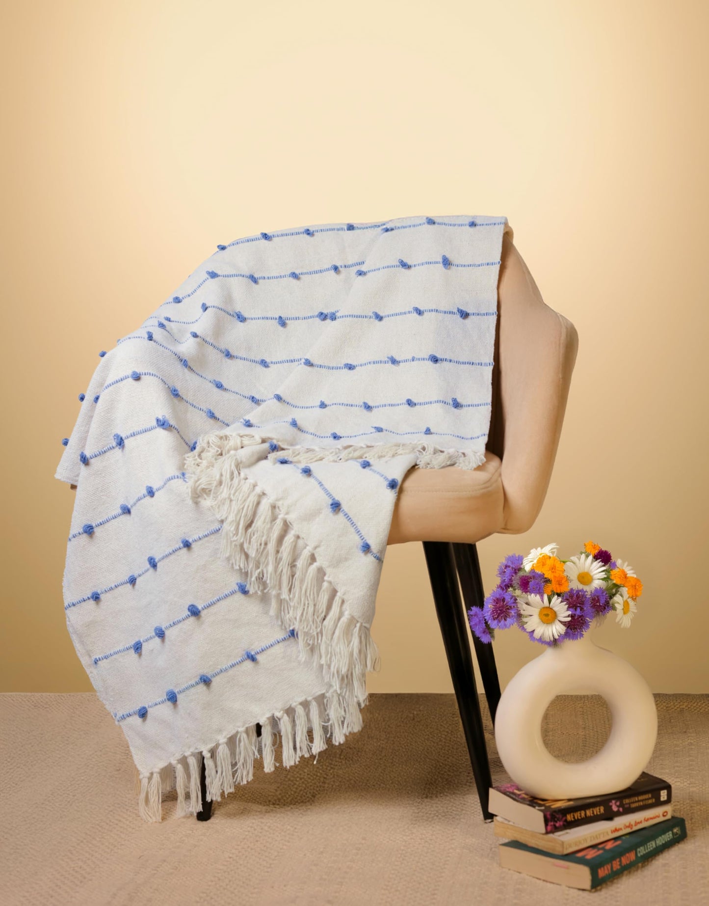 Pure Cotton Beige & Blue Throw & Cushion Cover