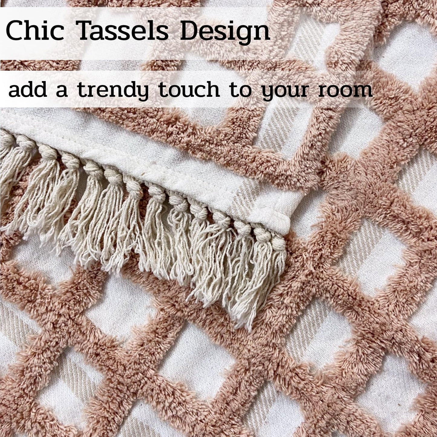 Hand-Knitted All Season Tufted Throw Blanket – Cotton | White & Summer Pink | 80x52 Inches