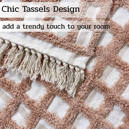 Hand-Knitted All Season Tufted Throw Blanket – Cotton | White & Summer Pink | 80x52 Inches