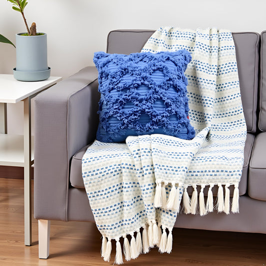Pure Cotton Blue Multi Throw & Cushion Cover