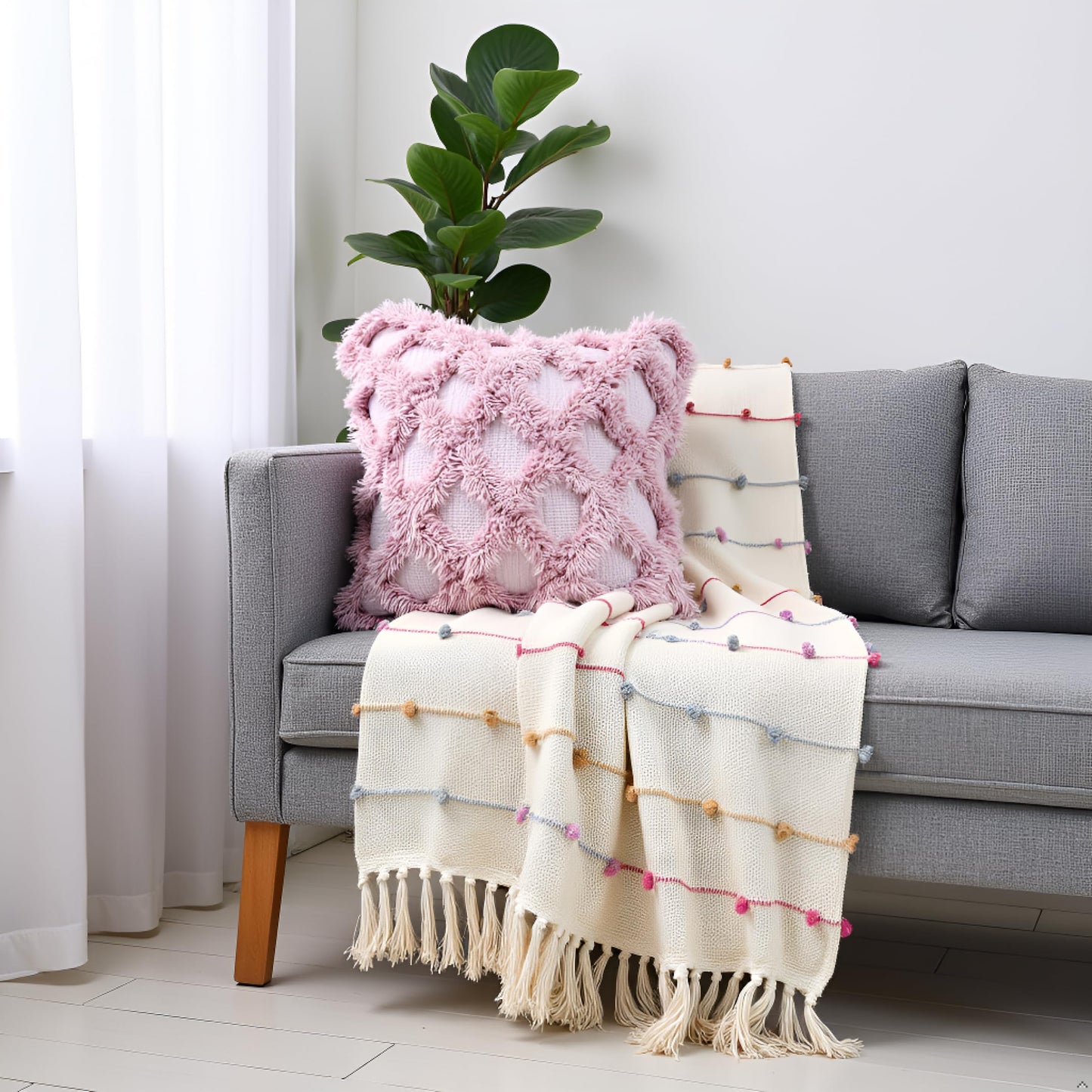 Pure Cotton Beige Multi Throw & Pink Cushion Cover