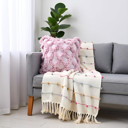 Pure Cotton Beige Multi Throw & Pink Cushion Cover