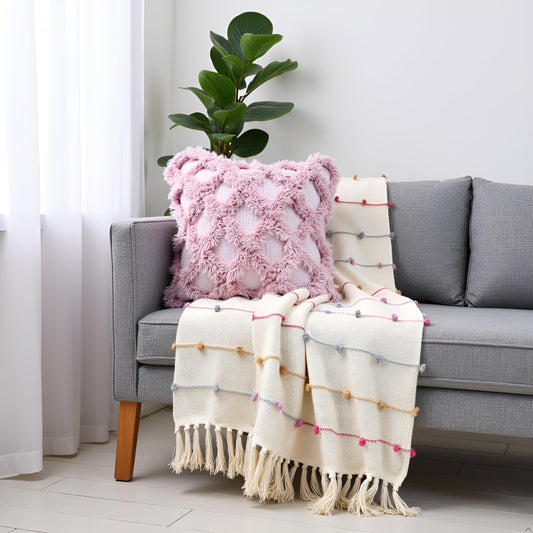 Pure Cotton Beige Multi Throw & Pink Cushion Cover