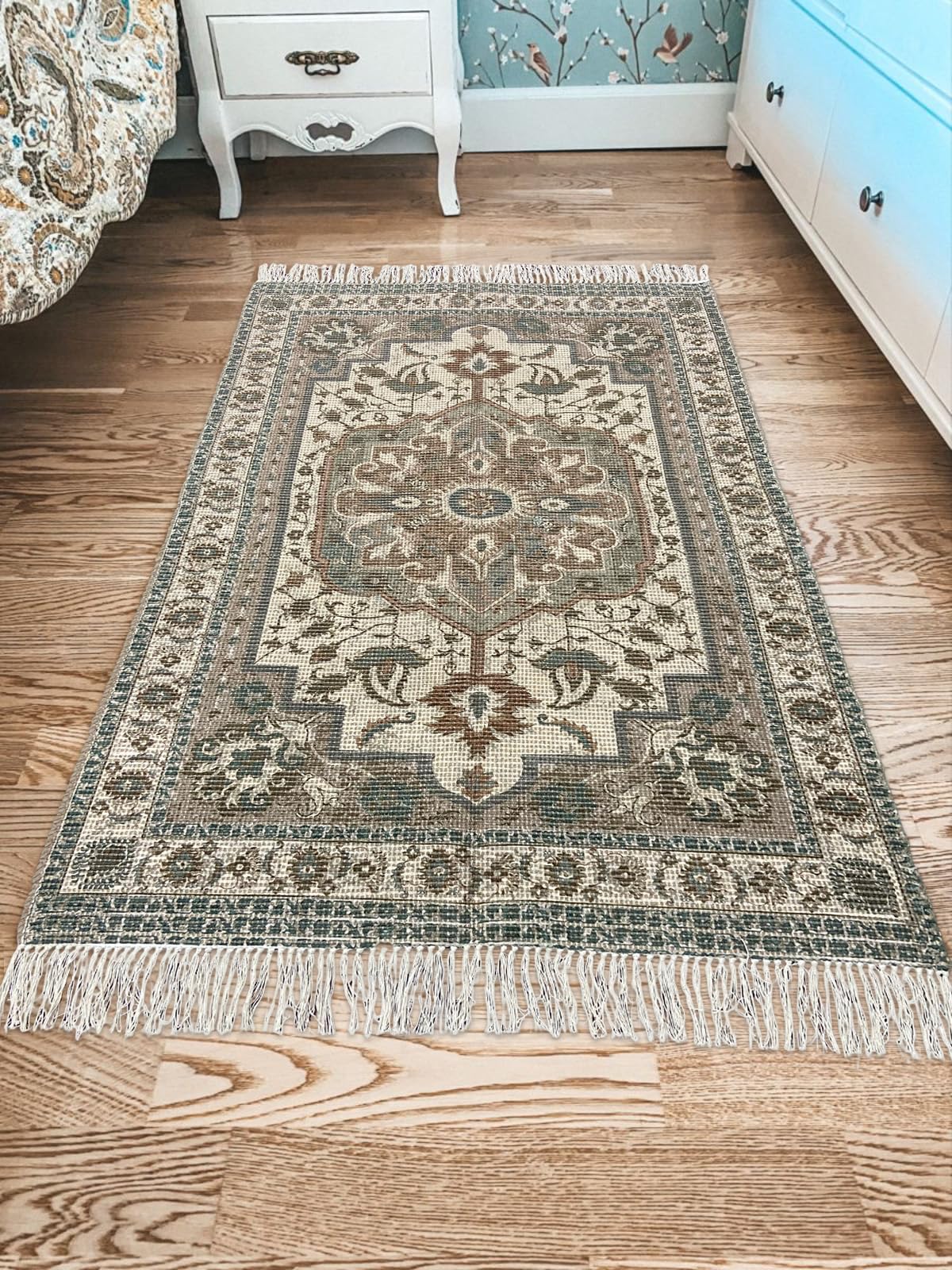 Braided Cotton & Jute Printed Floor Rug – Aegean Green | 2x3 Feet (24x36 Inches)