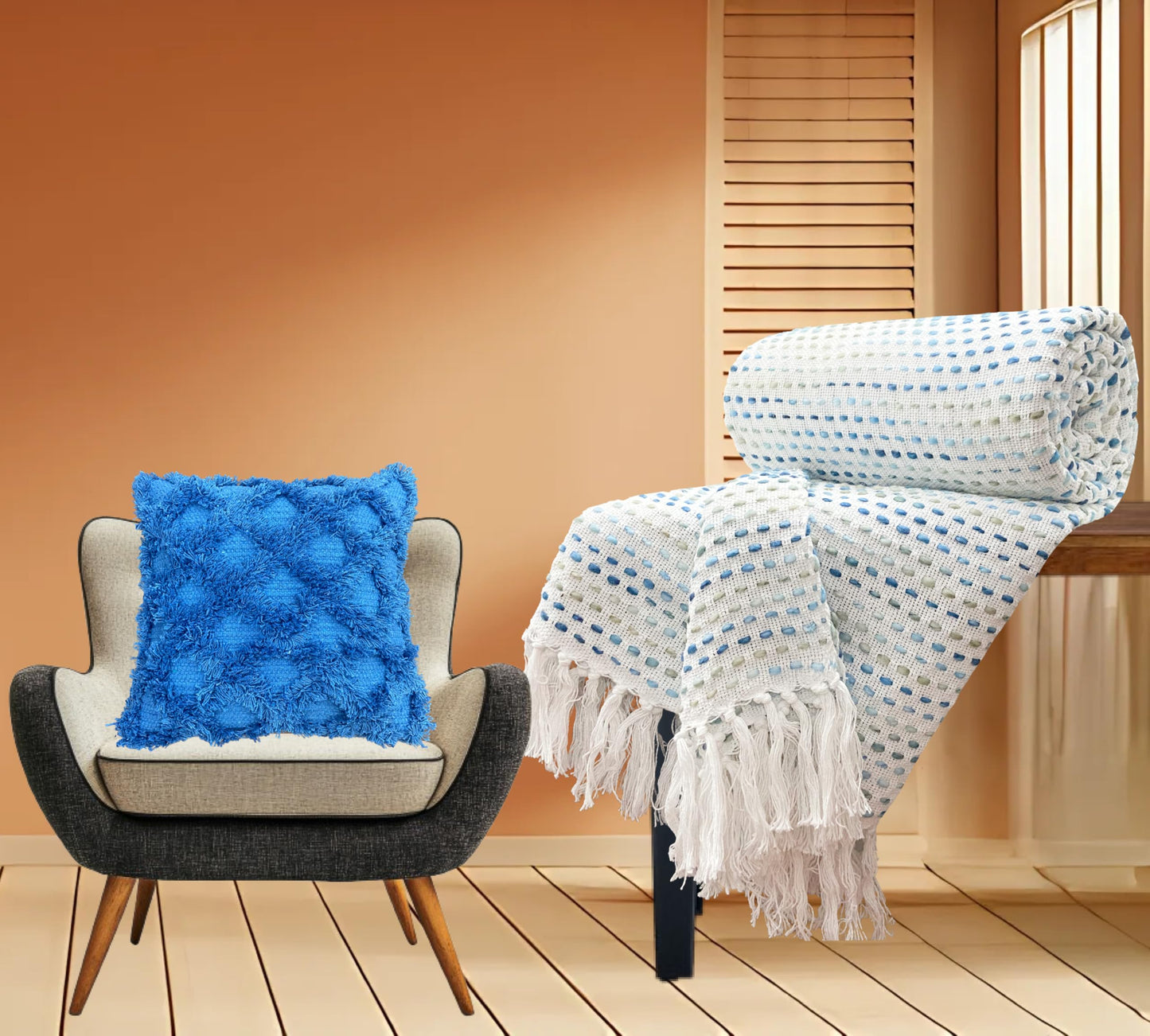 Pure Cotton Blue Multi Throw & Cushion Cover