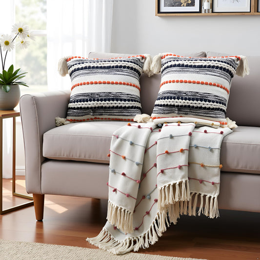 Pure Cotton Beige Multi Throw & 2 Cushion Covers