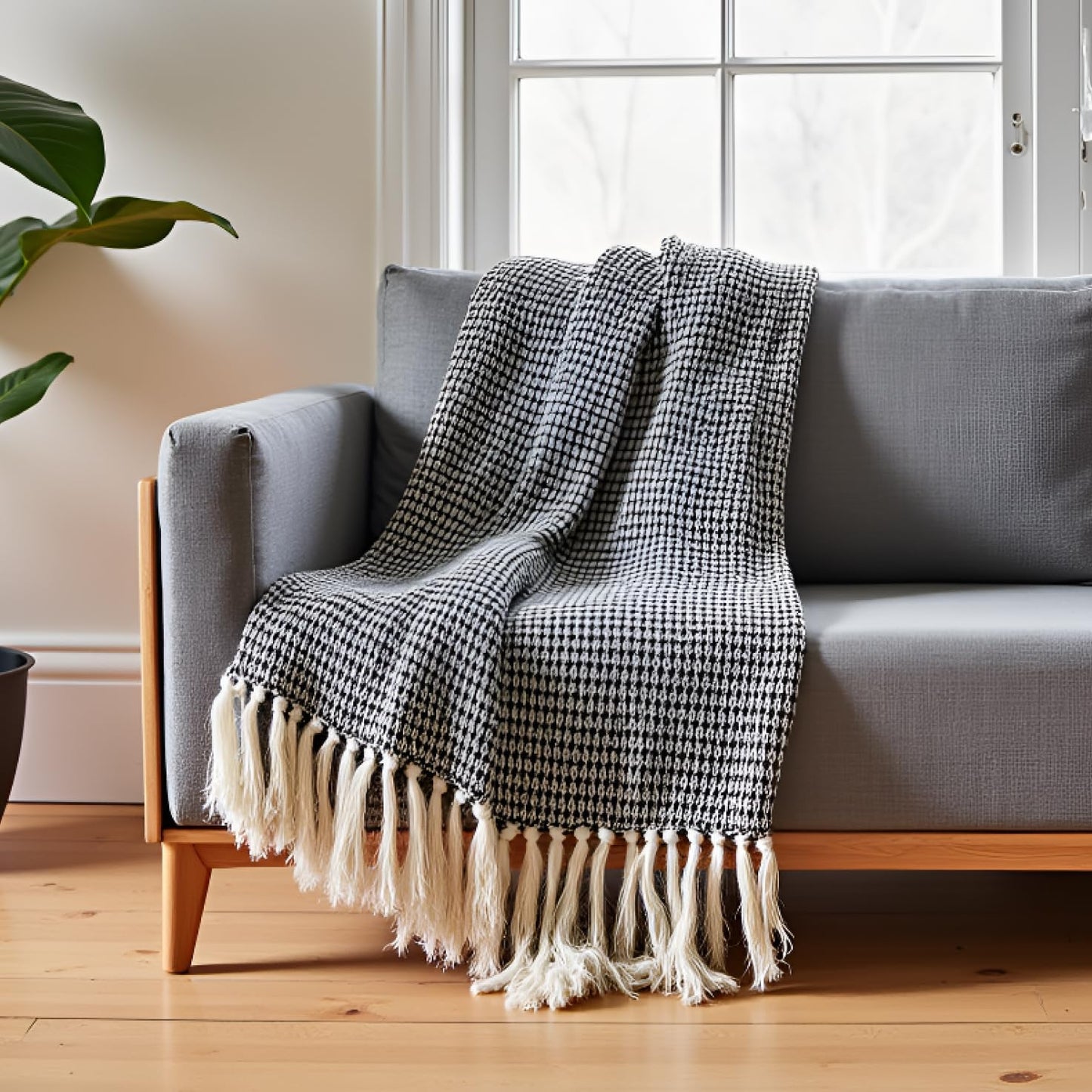 SAJAVAT HOME Hand-Knitted All Season Throw Blanket – Cotton Blend | Black & Beige | 80x52 Inches