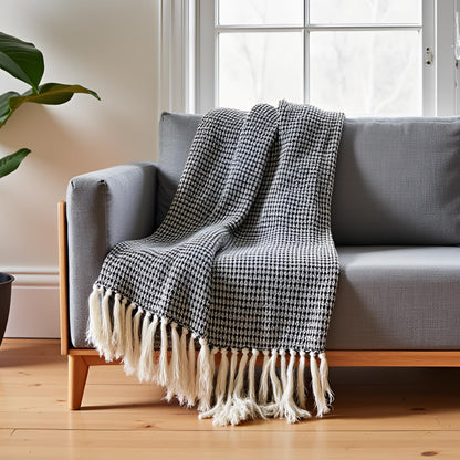 SAJAVAT HOME Hand-Knitted All Season Throw Blanket – Cotton Blend | Black & Beige | 80x52 Inches