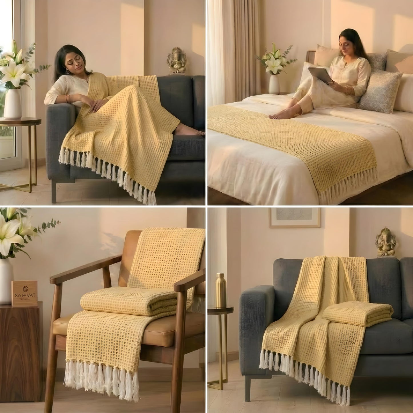 Yellow & Beige Honeycomb Throw