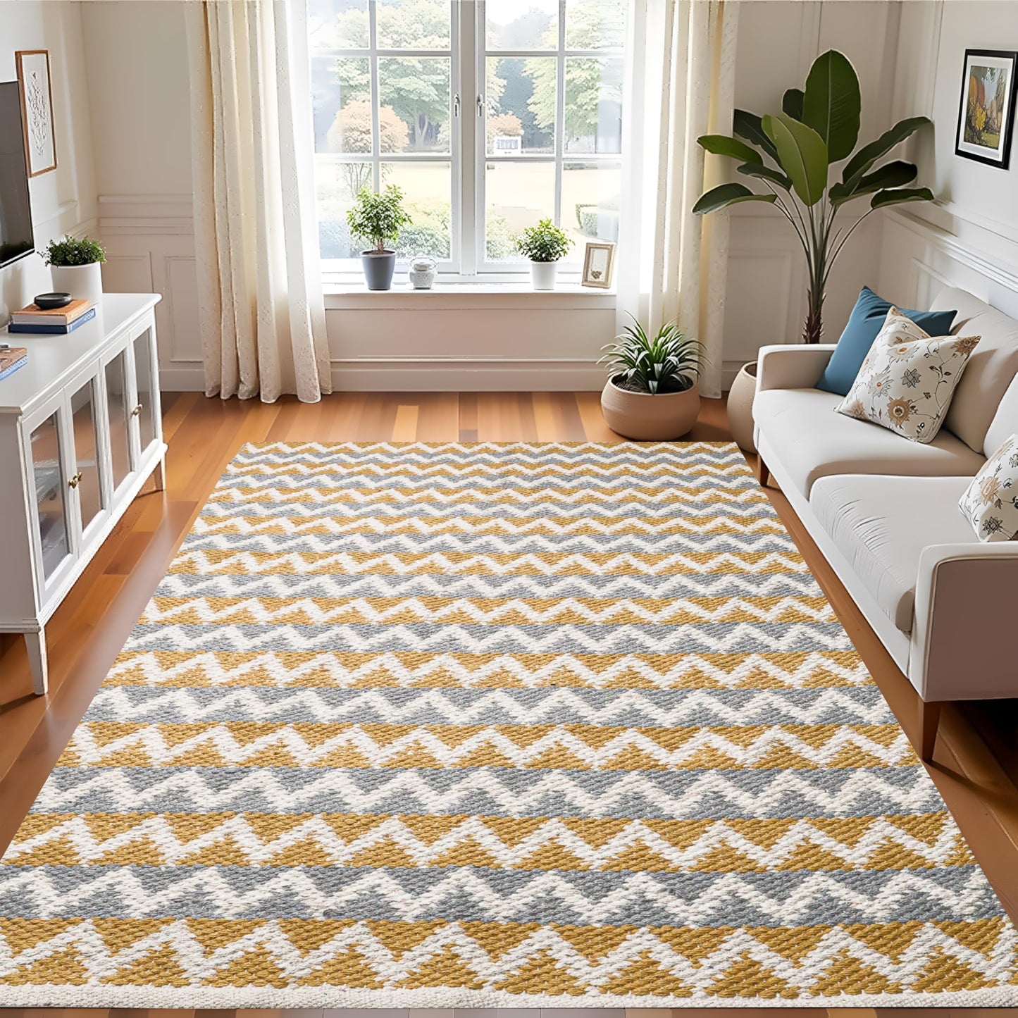 Pure Cotton Floor Rug  – Tuscan Sun Yellow & Grey | Hand-Woven | 3x5 Feet (36x60 Inches)