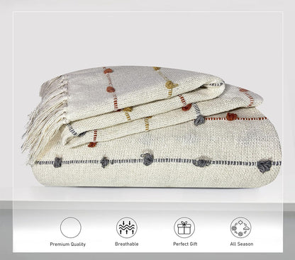 Pure Cotton Beige Multi Sofa Throw & Cushion Cover