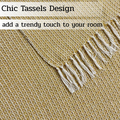 Hand-Knitted All Season Throw Blanket – Cotton Blend | Yellow & Beige | 80x52 Inches