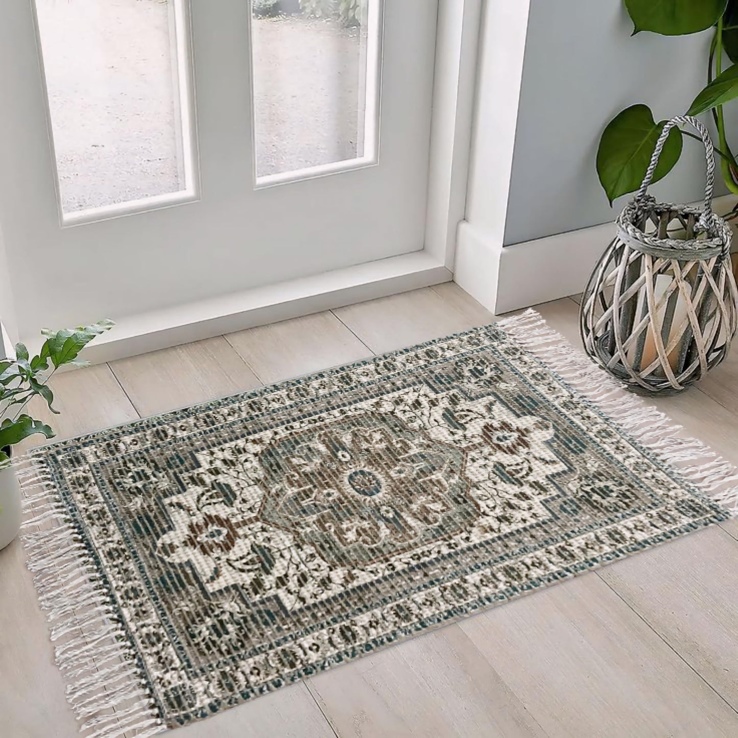 Braided Cotton & Jute Printed Floor Rug – Aegean Green | 2x3 Feet (24x36 Inches)