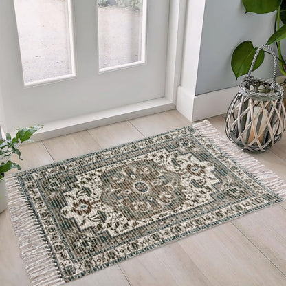 Braided Cotton & Jute Printed Floor Rug – Aegean Green | 2x3 Feet (24x36 Inches)