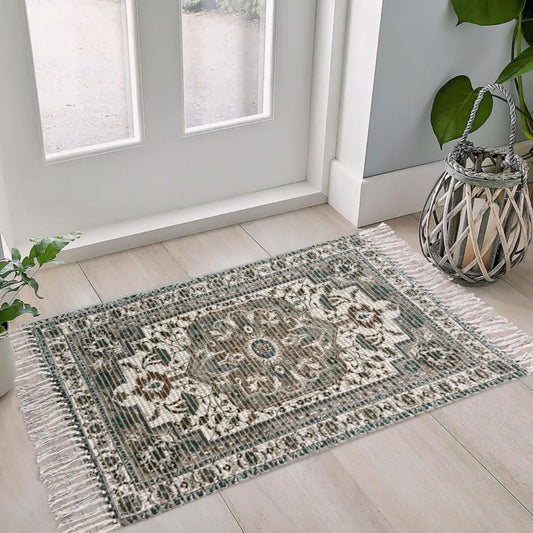 Braided Cotton & Jute Printed Floor Rug – Aegean Green | 2x3 Feet (24x36 Inches)