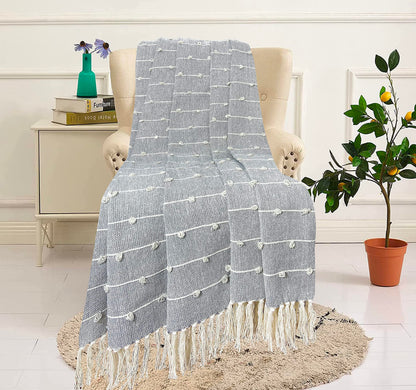 SAJAVAT HOME Pure Cotton Sofa Throw | 52x82 INCHES / 132x208 CMS | Hand Knitted with Tassels | Reversible and Breathable | Beige Multi & Grey - (Pack of 2)
