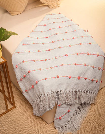 Hand-Knitted All Season Throw Blanket – Cotton Blend | Beige & Royal | 80x52 Inches