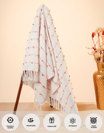 Hand-Knitted All Season Throw Blanket – Cotton Blend | Beige & Royal | 80x52 Inches