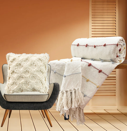 Pure Cotton Beige Multi Sofa Throw & Cushion Cover