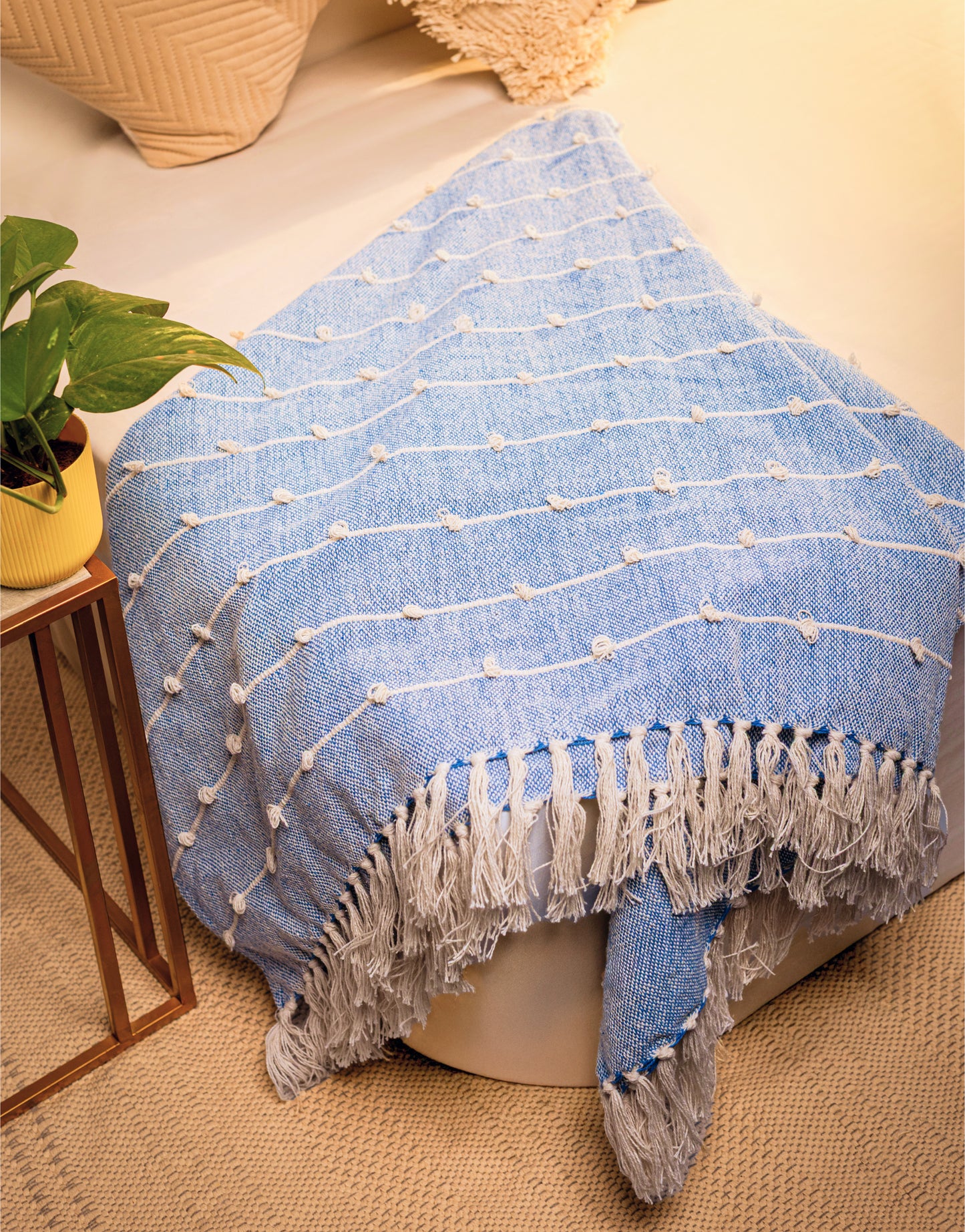 Hand-Knitted All Season Throw Blanket – Cotton Blend | Blue | 80x52 Inches