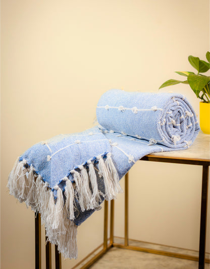 Hand-Knitted All Season Throw Blanket – Cotton Blend | Blue | 80x52 Inches