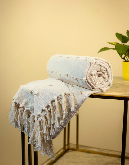 Hand-Knitted All Season Throw Blanket – Cotton Blend | Beige | 80x52 Inches