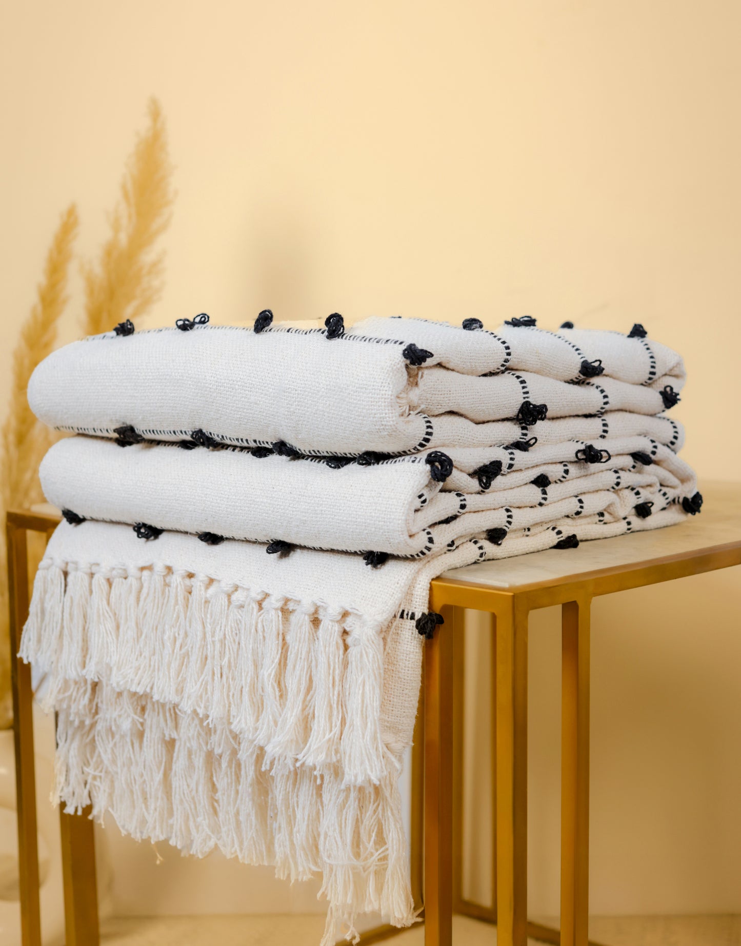 Hand-Knitted All Season Throw Blanket – Cotton Blend | Beige & Black | 80x52 Inches