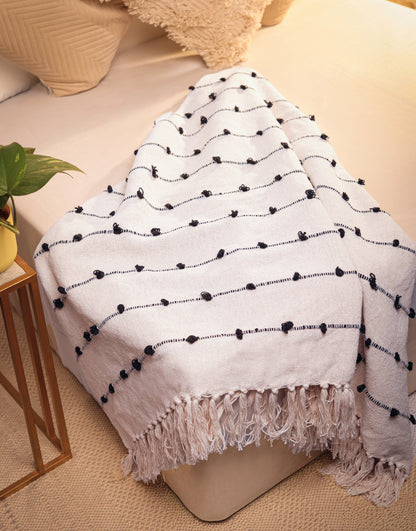 Hand-Knitted All Season Throw Blanket – Cotton Blend | Beige & Black | 80x52 Inches