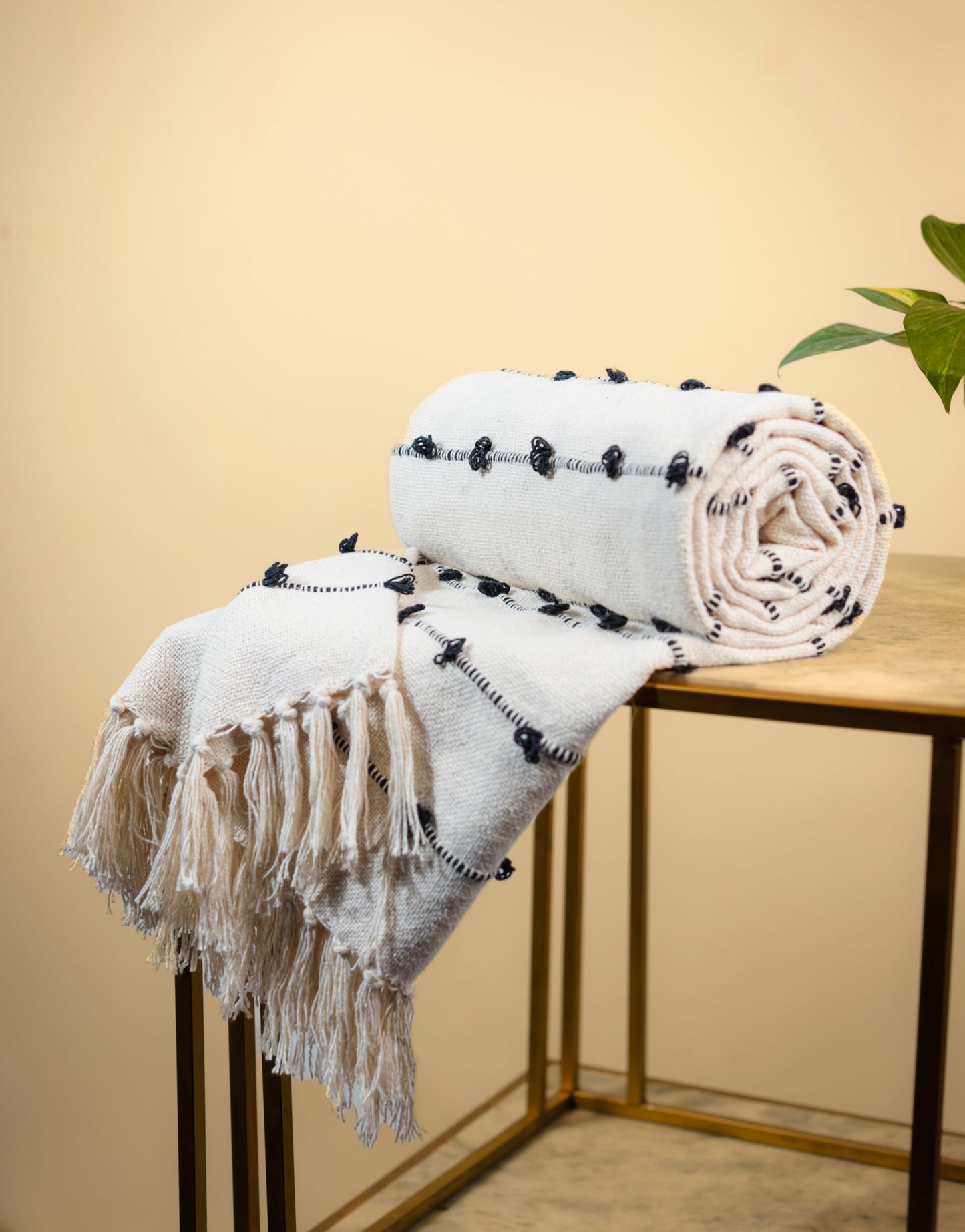 Hand-Knitted All Season Throw Blanket – Cotton Blend | Beige & Black | 80x52 Inches