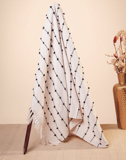 Hand-Knitted All Season Throw Blanket – Cotton Blend | Beige & Black | 80x52 Inches
