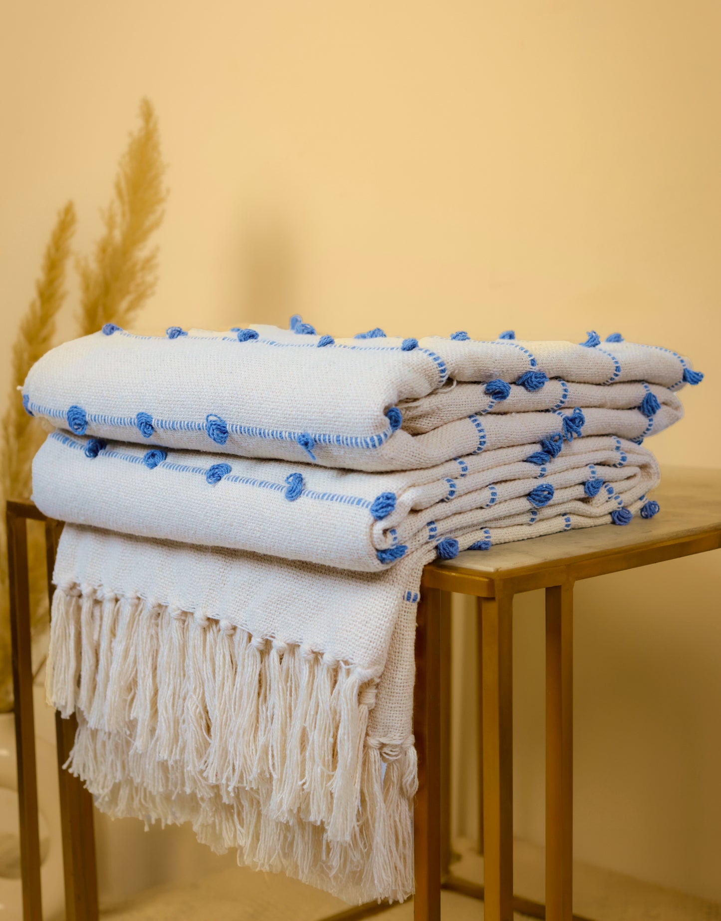 Hand-Knitted All Season Throw Blanket – Cotton Blend | Beige & Blue | 80x52 Inches