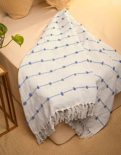 Hand-Knitted All Season Throw Blanket – Cotton Blend | Beige & Blue | 80x52 Inches