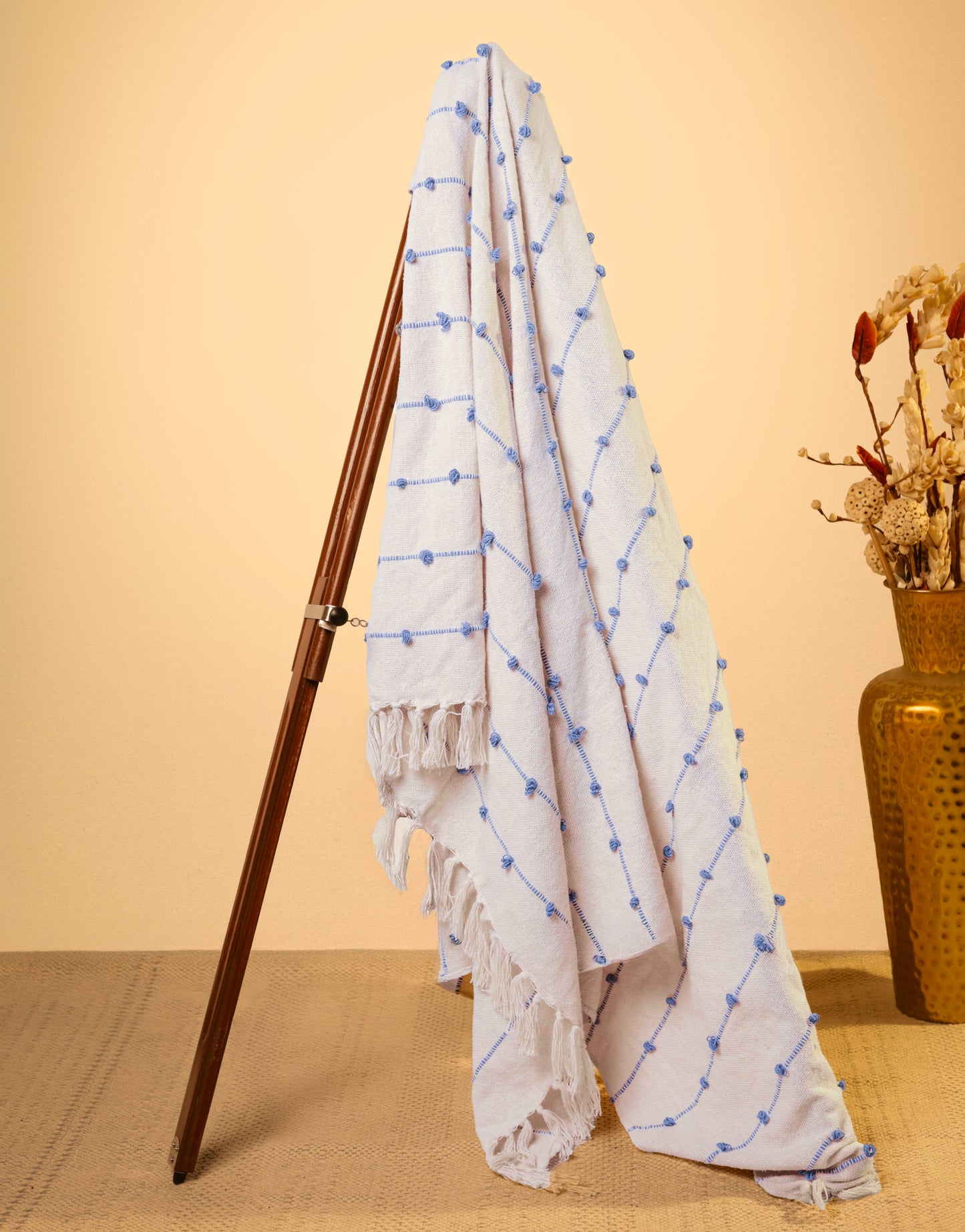 Hand-Knitted All Season Throw Blanket – Cotton Blend | Beige & Blue | 80x52 Inches