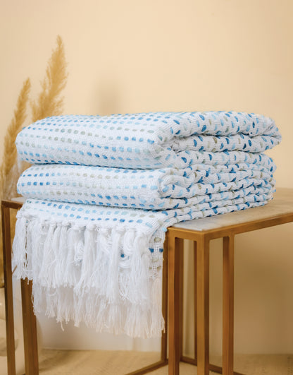 Hand-Knitted All Season Throw Blanket – Cotton Blend | Blue Multi | 80x52 Inches