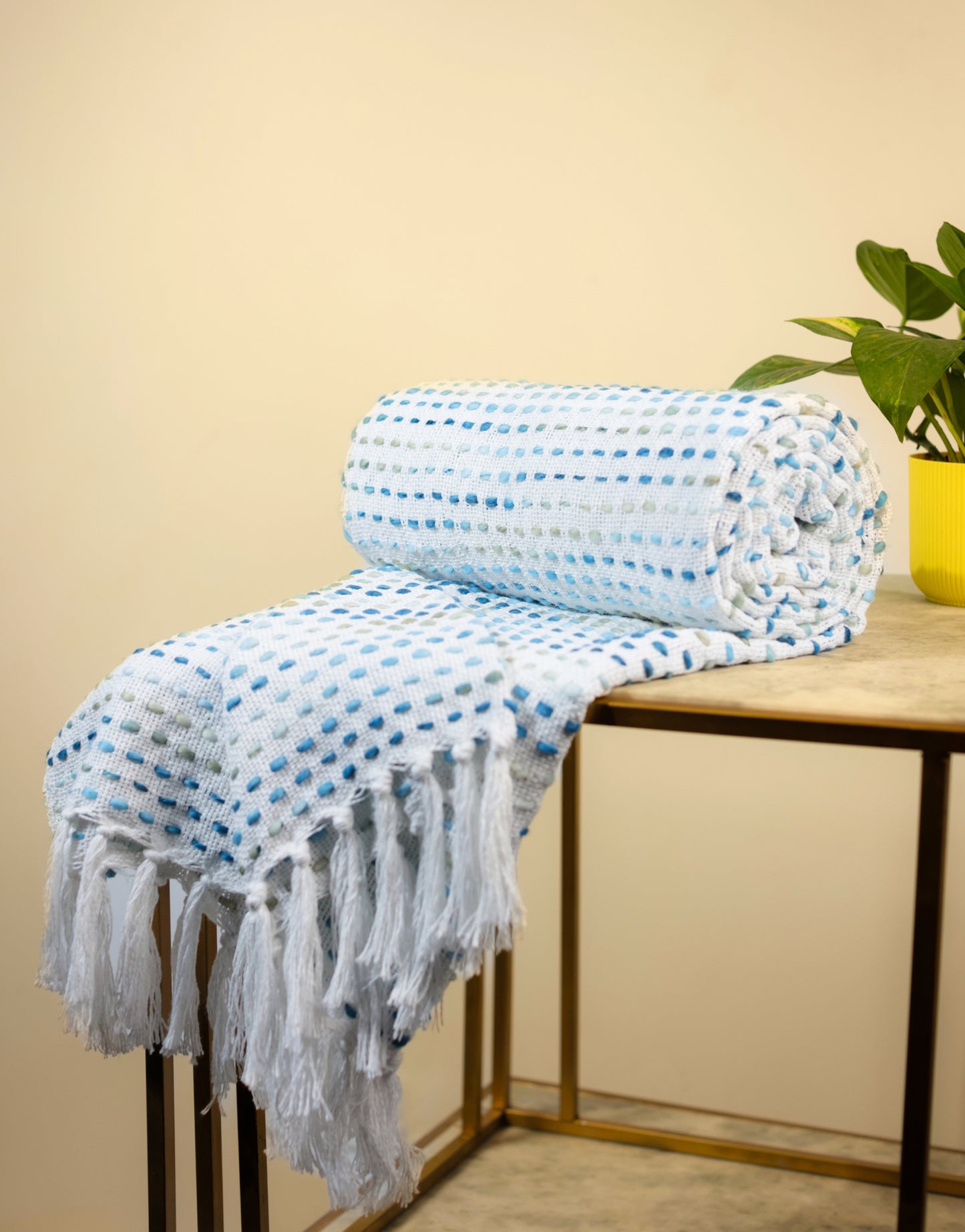 Hand-Knitted All Season Throw Blanket – Cotton Blend | Blue Multi | 80x52 Inches