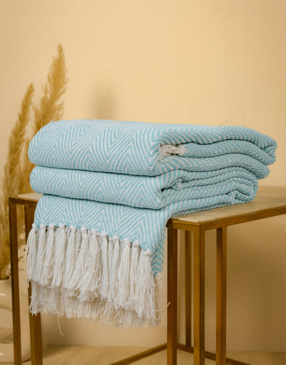 Hand-Knitted All Season Throw Blanket – Cotton Blend |  Sky Blue | 80x52 Inches