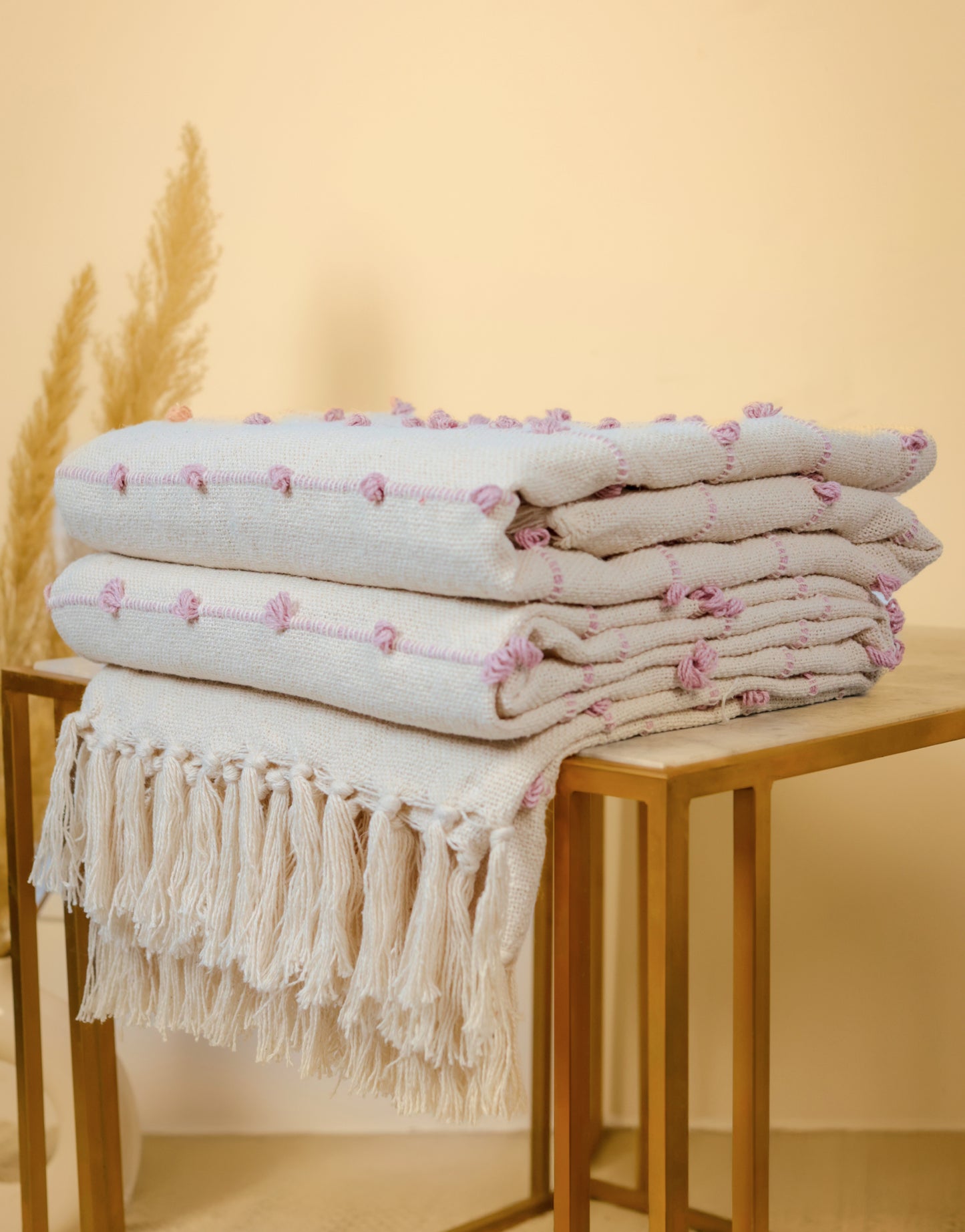 Hand-Knitted All Season Throw Blanket – Cotton Blend | Beige & Pink | 80x52 Inches