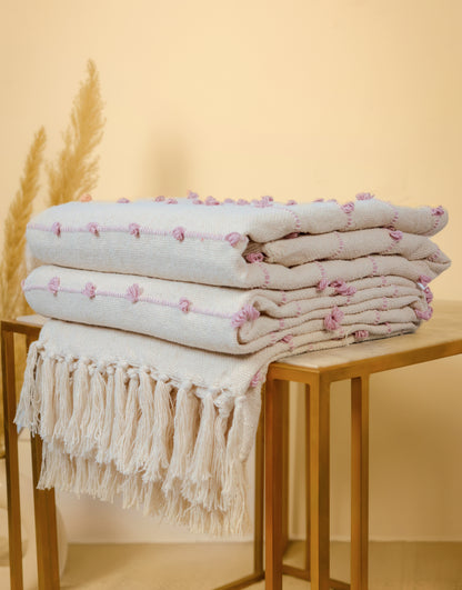 Hand-Knitted All Season Throw Blanket – Cotton Blend | Beige & Pink | 80x52 Inches