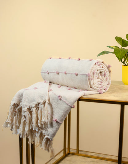 Hand-Knitted All Season Throw Blanket – Cotton Blend | Beige & Pink | 80x52 Inches