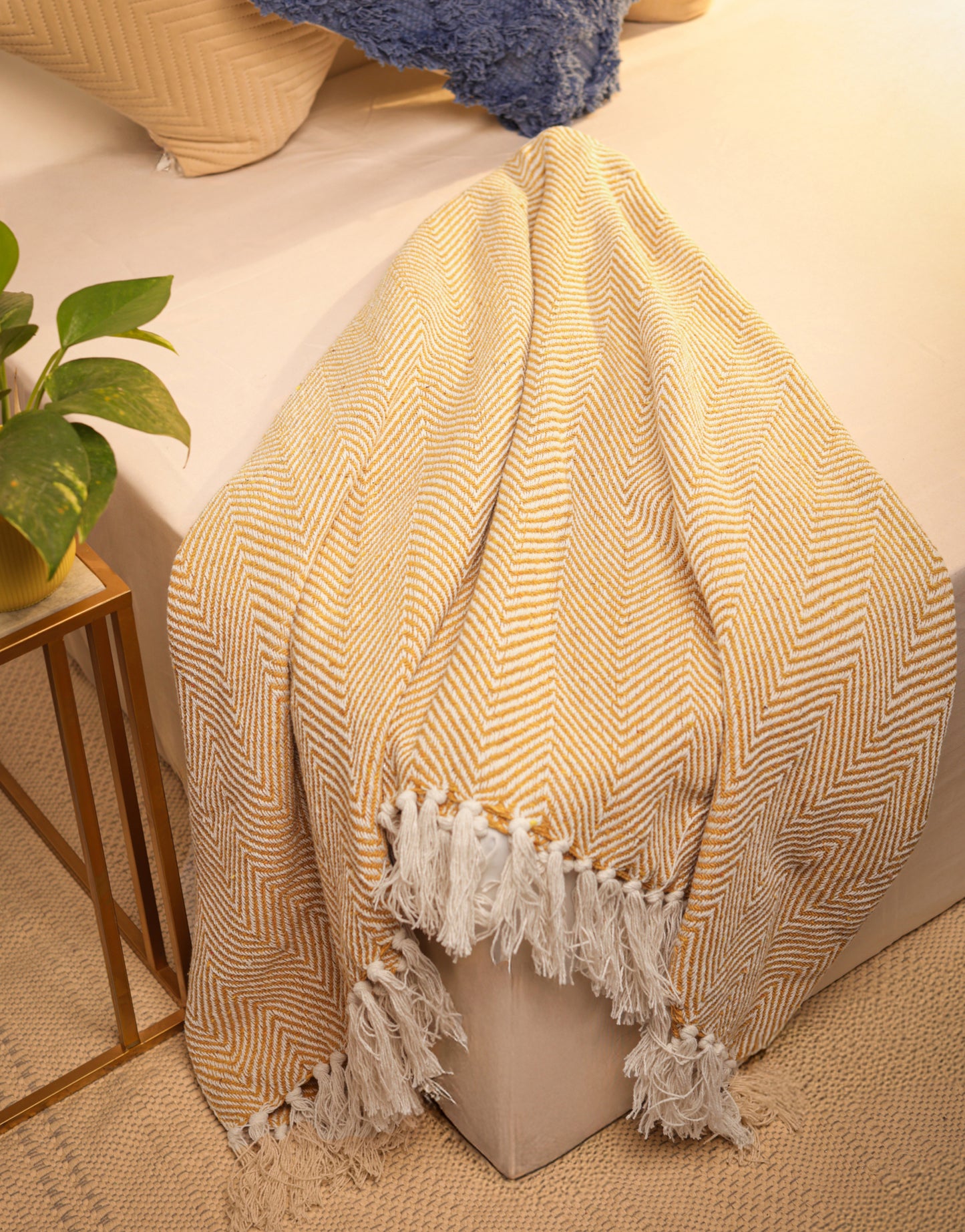 Hand-Knitted All Season Throw Blanket – Cotton Blend |  Yellow | 80x52 Inches
