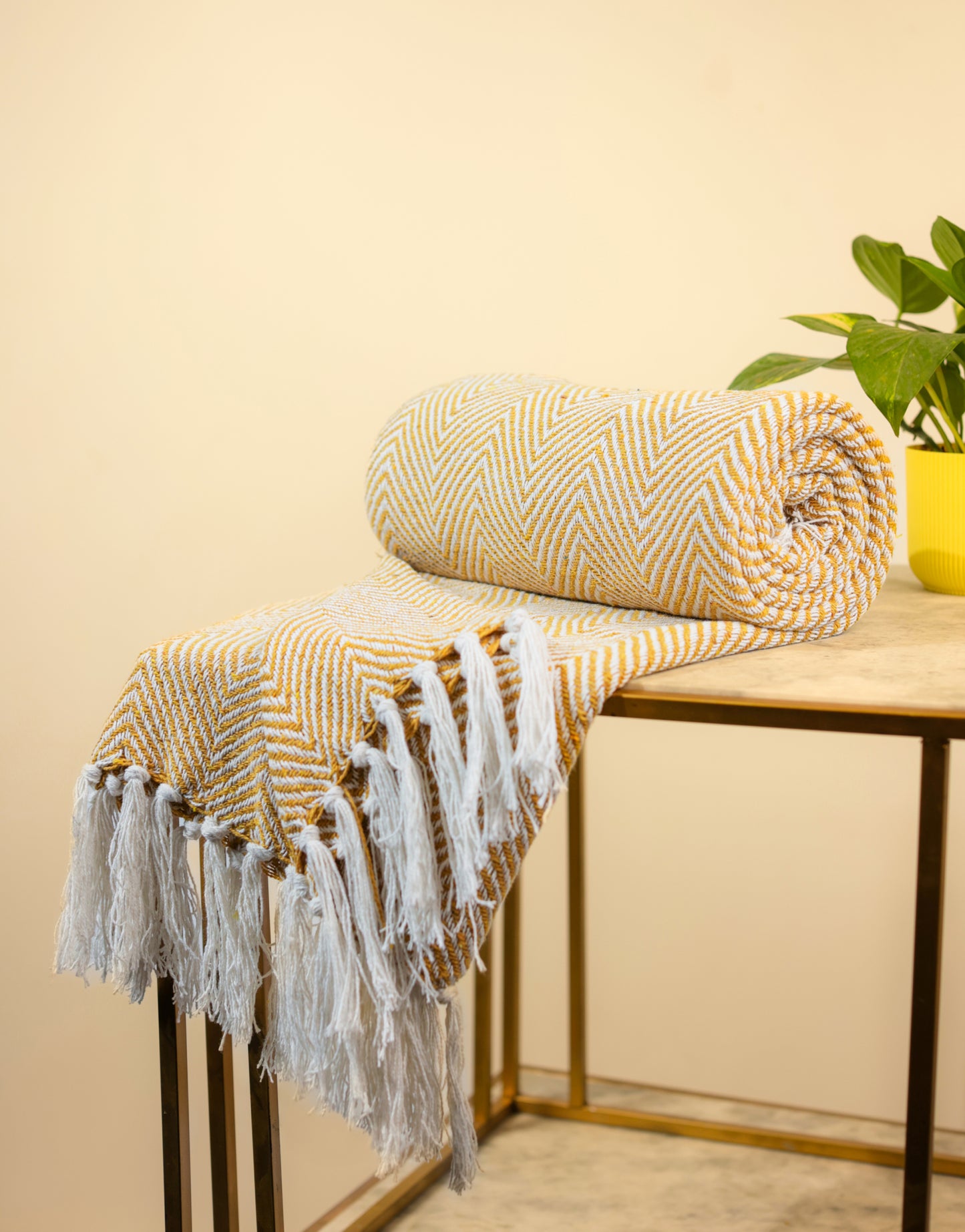 Hand-Knitted All Season Throw Blanket – Cotton Blend |  Yellow | 80x52 Inches